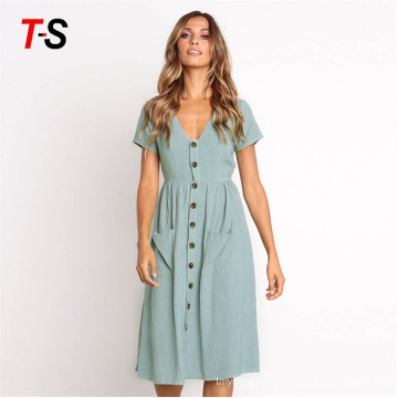 9 colour summer fashion V-collar button pocket Short Sleeve Dress